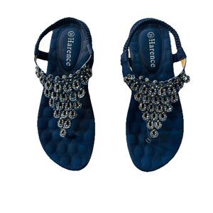 Harence Sandals Women Size 7 39 Navy Blue Thong Elastic Slingback